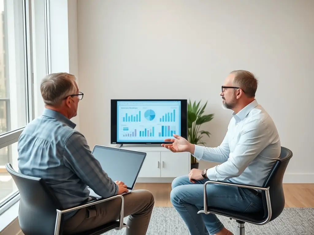 A professional business coach in a modern office setting, reviewing growth charts and discussing strategies with a client, both smiling confidently.