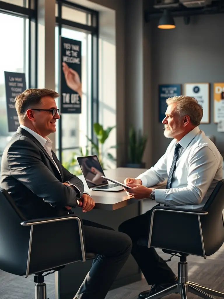 A business coach providing one-on-one mentorship to a client, offering personalized guidance and support to help them overcome challenges and achieve their goals.