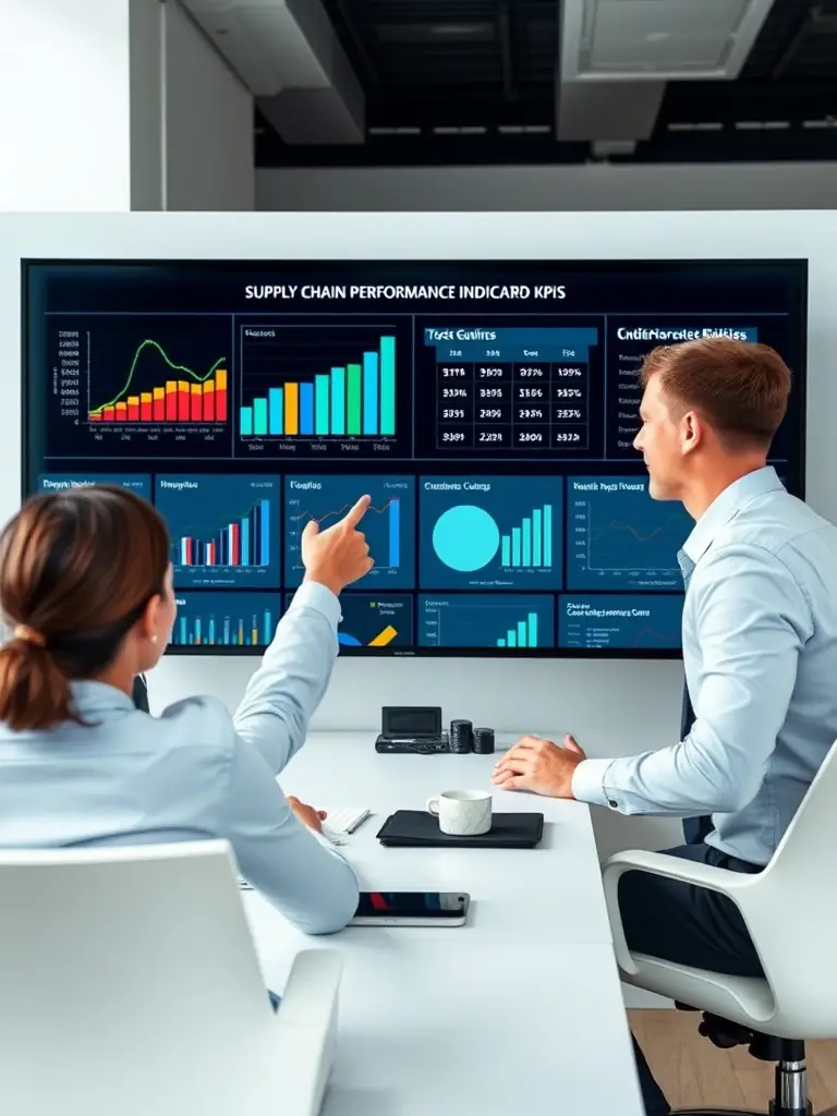 A professional business coach in a modern office setting, guiding a client through a strategic planning session, with visual aids like charts and graphs displayed on a screen in the background.