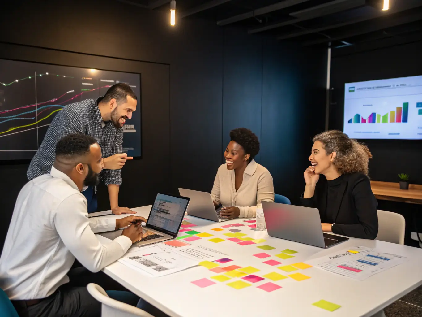 A diverse team of business professionals collaborating in a bright, modern office, brainstorming ideas and developing strategic plans.