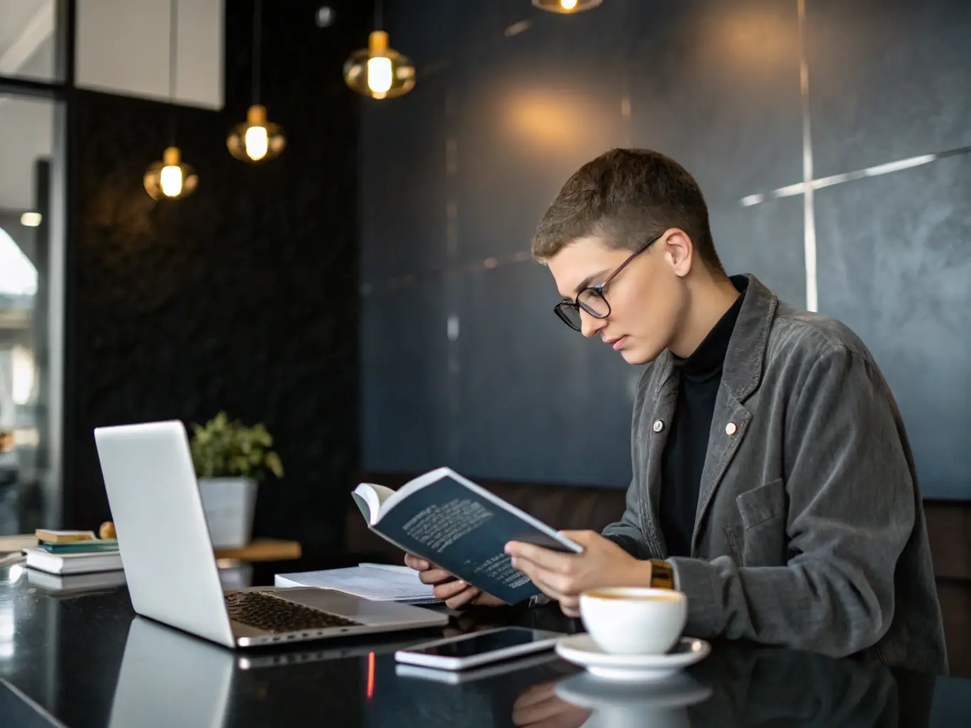 An entrepreneur working on a laptop in a co-working space, analyzing market trends and developing a business plan for expansion.