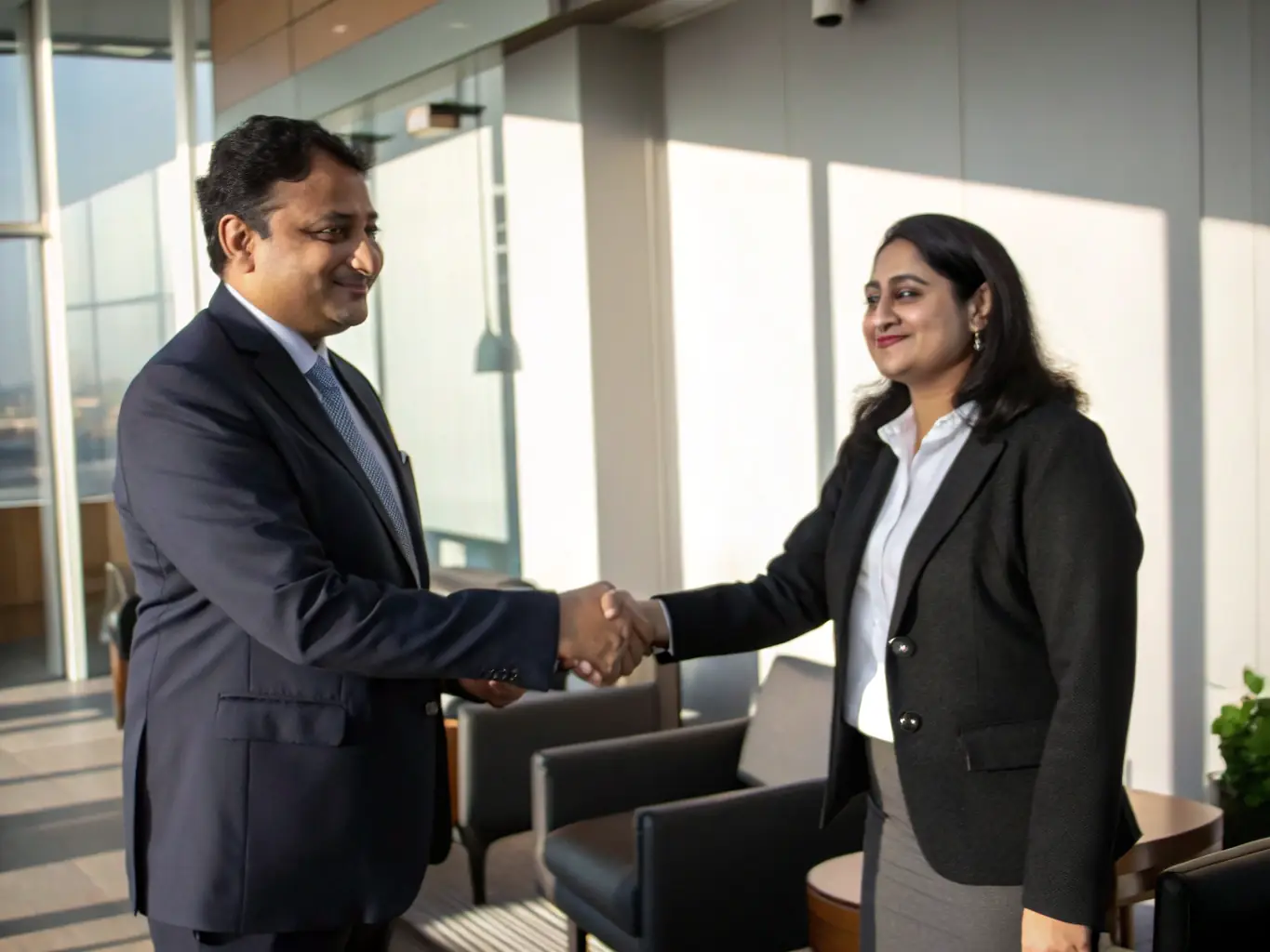 A successful Pakistani business owner shaking hands with their business coach, celebrating a milestone achievement in their expansion journey, set against the backdrop of a thriving business environment.